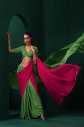 Truebrowns Green Pink Muslin Silk Pre-Stitched Saree